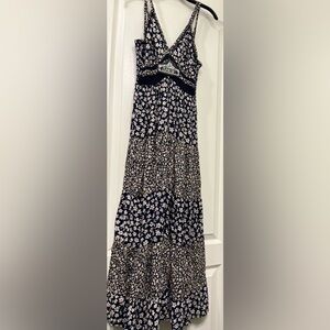 Angie Navy Floral Tiered Maxi Skirt with Cream Accents